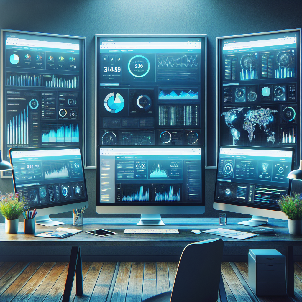 A modern workspace with multiple screens displaying SEO analytics, website speed tests, and user interface design elements.