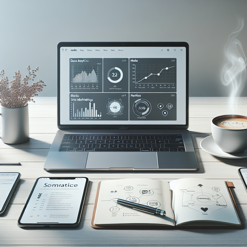 Workspace with digital marketing tools like a laptop, smartphone, and notepad in a realistic setting.