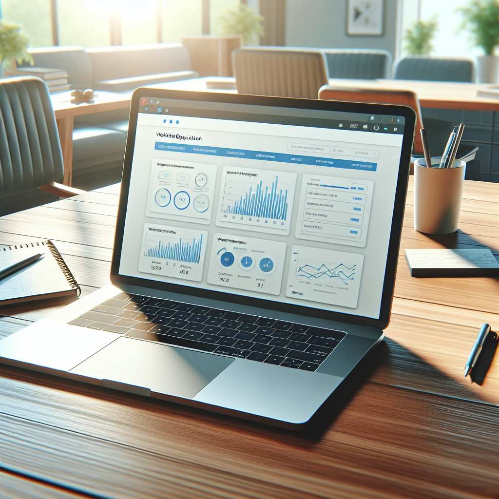 A laptop displaying a website optimization dashboard on a wooden desk, surrounded by a notepad, pen, and coffee mug.