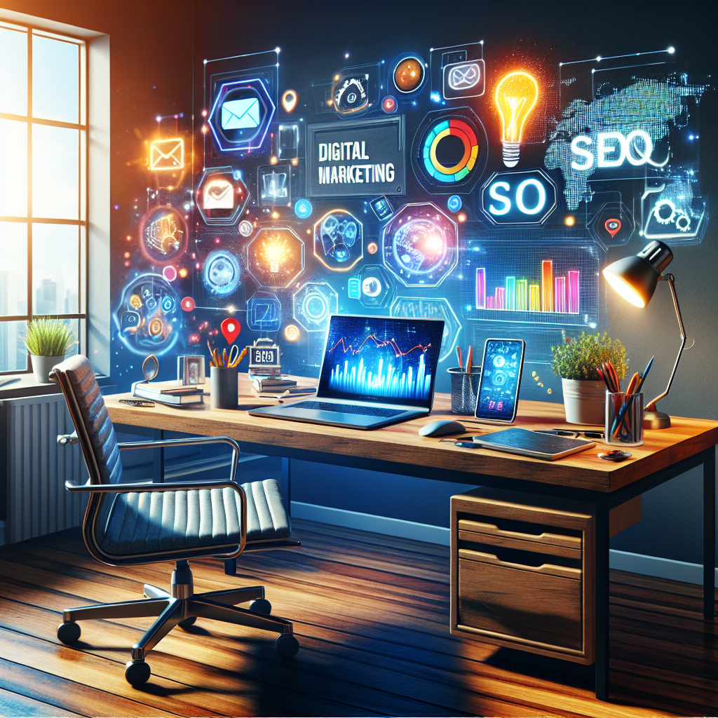 Digital marketing concept with a laptop, smartphone, SEO graphs, and social media notifications in a home office setting.