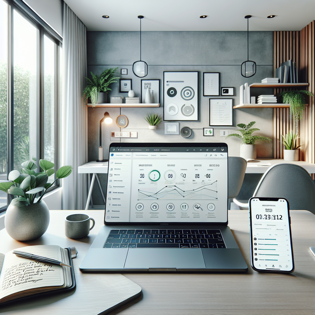Modern home office setup with a laptop displaying a digital marketing dashboard, a smartphone, and a notebook.