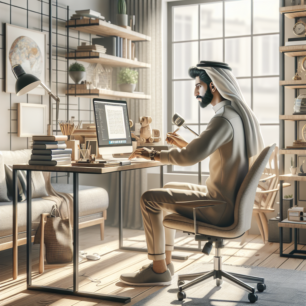 A realistic image depicting an ideal freelancing workspace with a person, laptop, and various productivity tools.