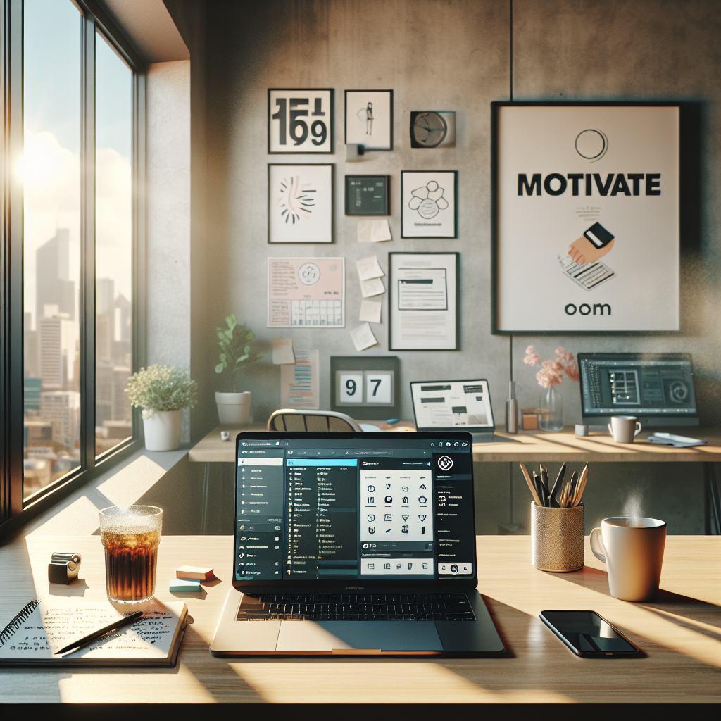 A realistic image of a professional freelancer's workspace with a laptop, smartphone, notepad, and coffee cup.