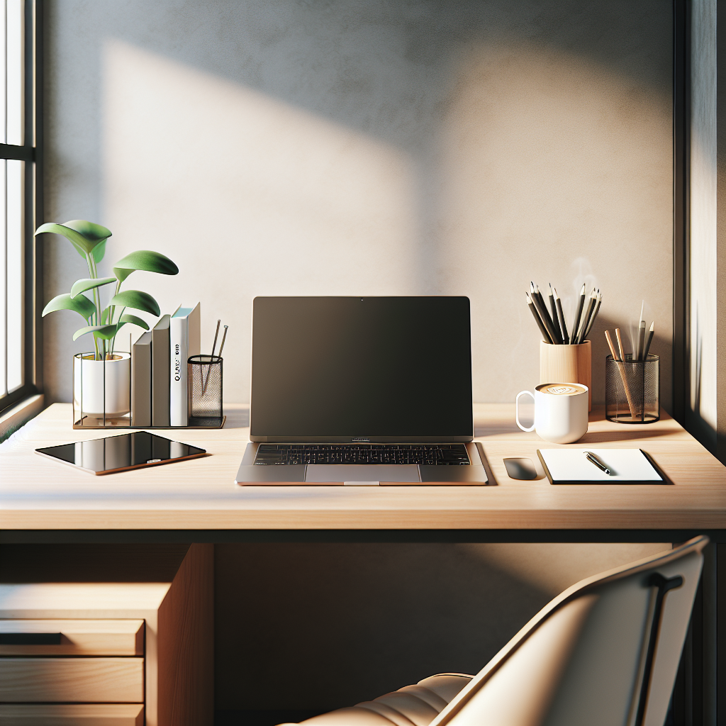 A realistic depiction of a freelancer's neatly organized workspace with a laptop, coffee cup, potted plant, and notepad.