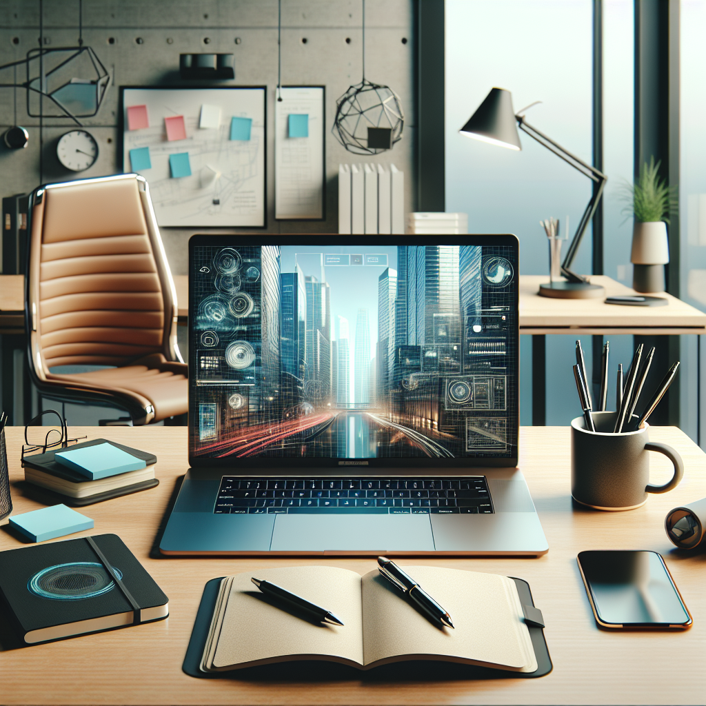 A freelancer's workspace with a laptop, notebook, smartphone, coffee, and office supplies on a wooden desk.