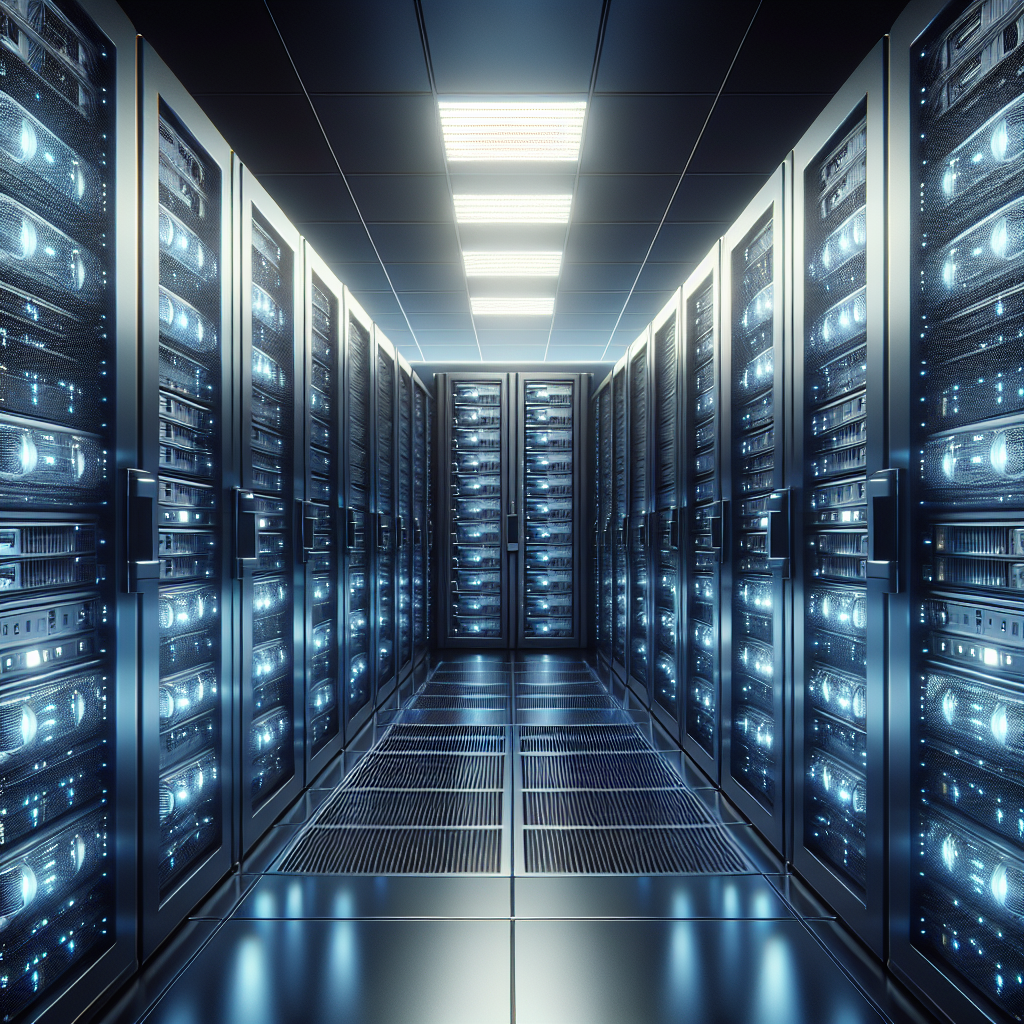 A row of sleek web hosting servers in a modern data center with blue LED lighting.