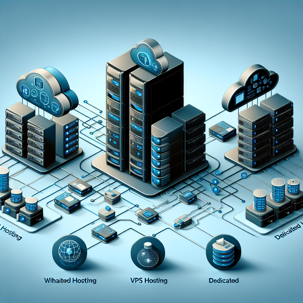 Illustration of various web hosting options: shared, VPS, and dedicated hosting.