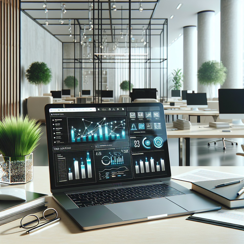 A modern office desk setup with a laptop displaying web hosting icons and graphs, alongside organized paperwork and a plant.