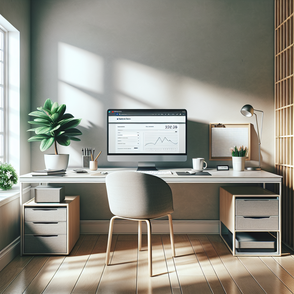 Modern home office with a laptop showing a web hosting dashboard, natural light, and organized desk.