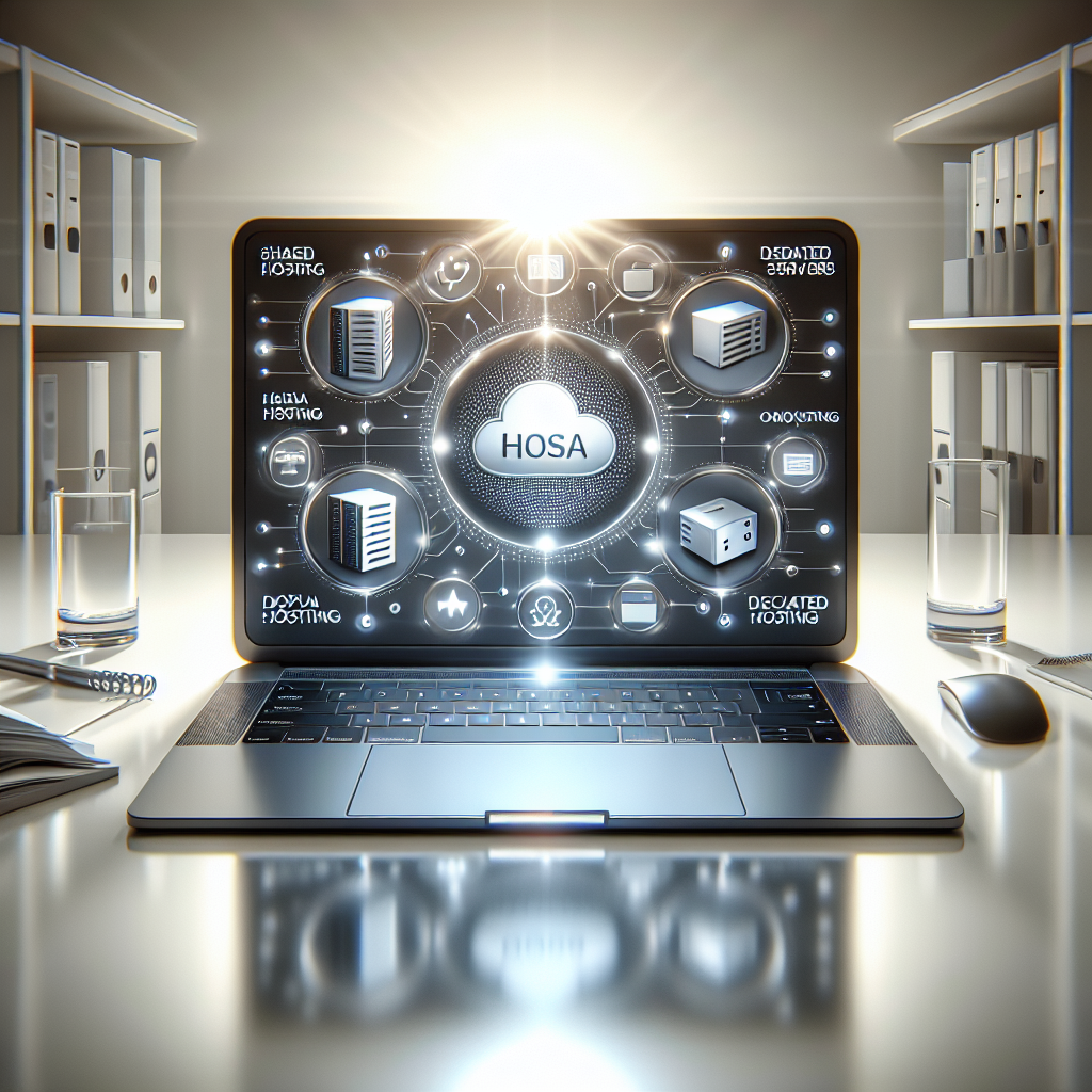 Various website hosting options depicted as digital elements on a modern laptop screen in a professional setting.