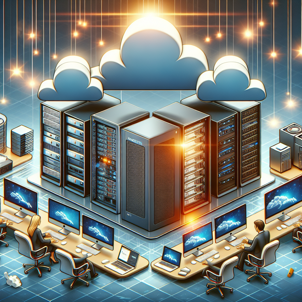 A realistic depiction of different types of website hosting: dedicated, shared, VPS, and cloud hosting setups.