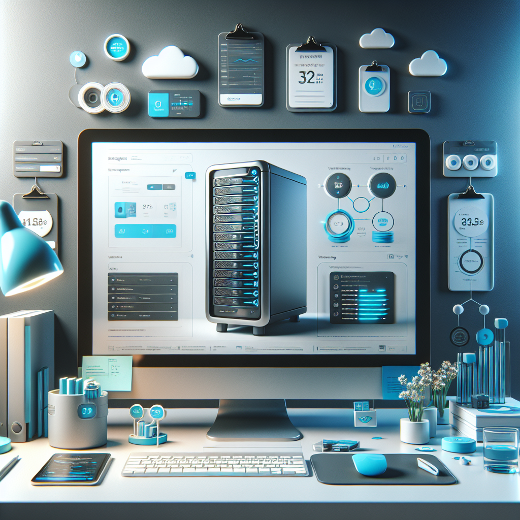 A realistic depiction of a desktop workspace with a computer monitor showing a web hosting dashboard, surrounded by hosting-related icons.