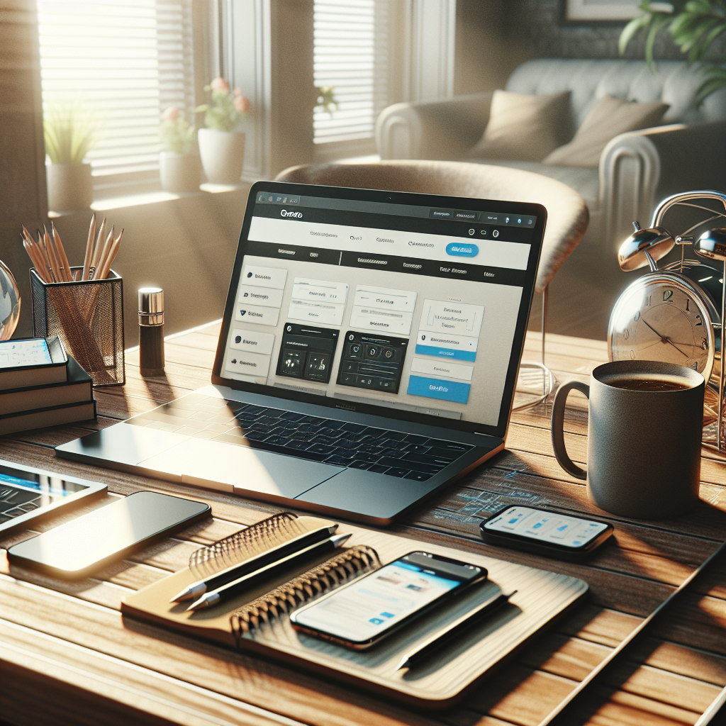 Modern workspace with laptop showing website builder, surrounded by a tablet, smartphone, and coffee mug.
