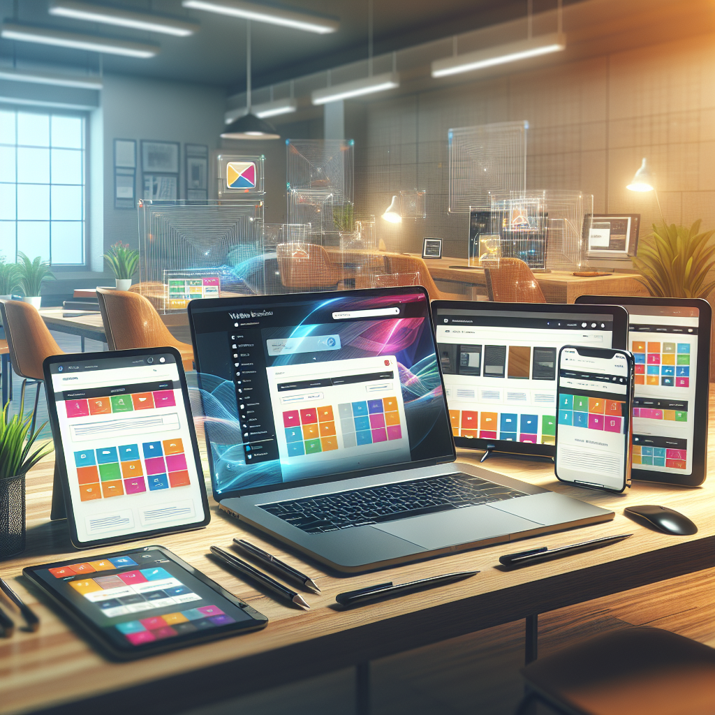 Realistic image displaying various website making tools including a laptop, tablet, and smartphone showcasing website builder interfaces.