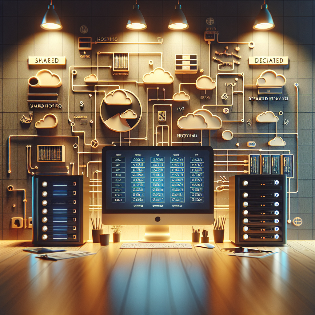 Realistic workspace scene illustrating different types of website hosting services.