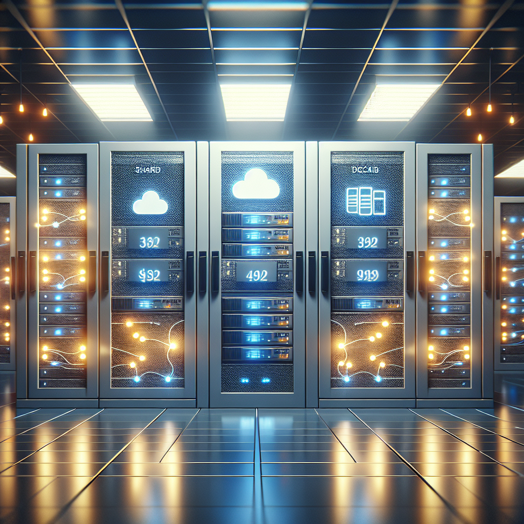 Illustration of different website hosting options with server racks in a data center setting.