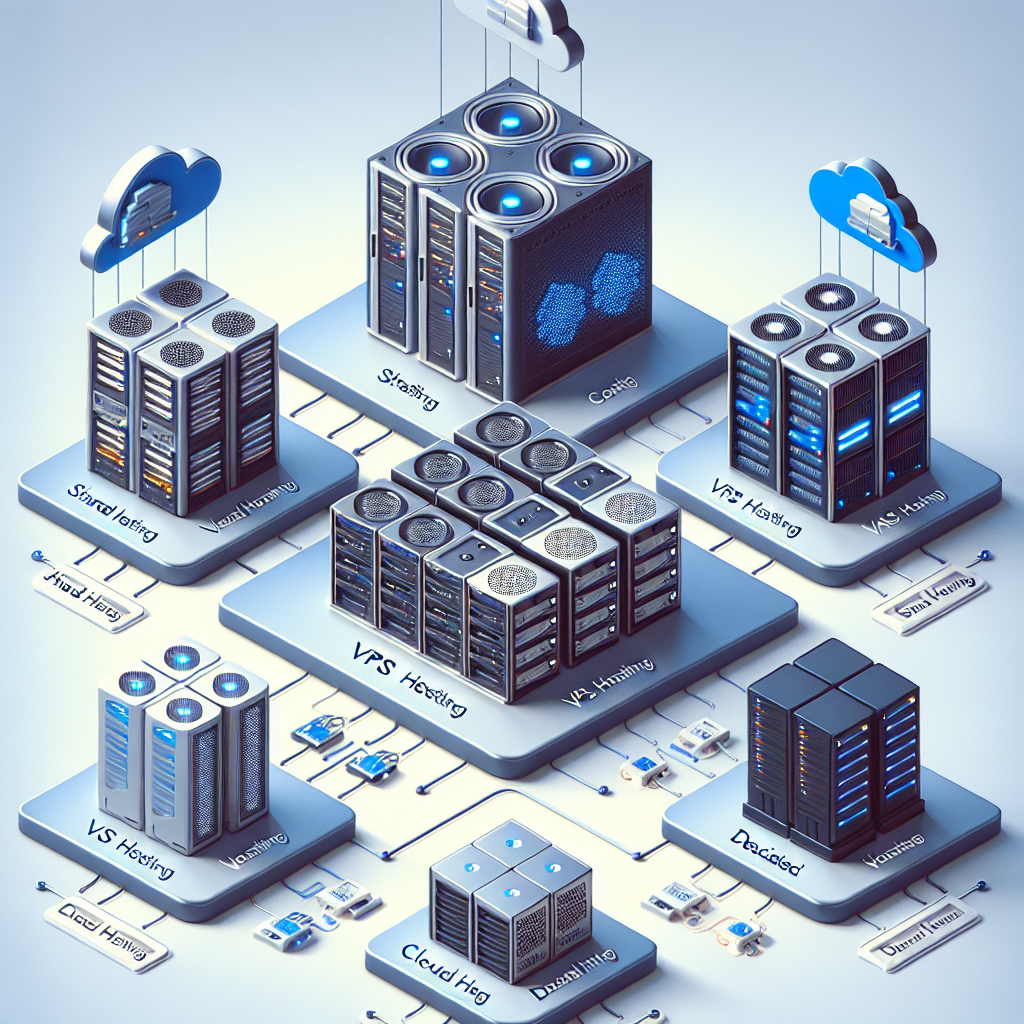 Illustration of various website hosting types and costs with server icons and cost scale.