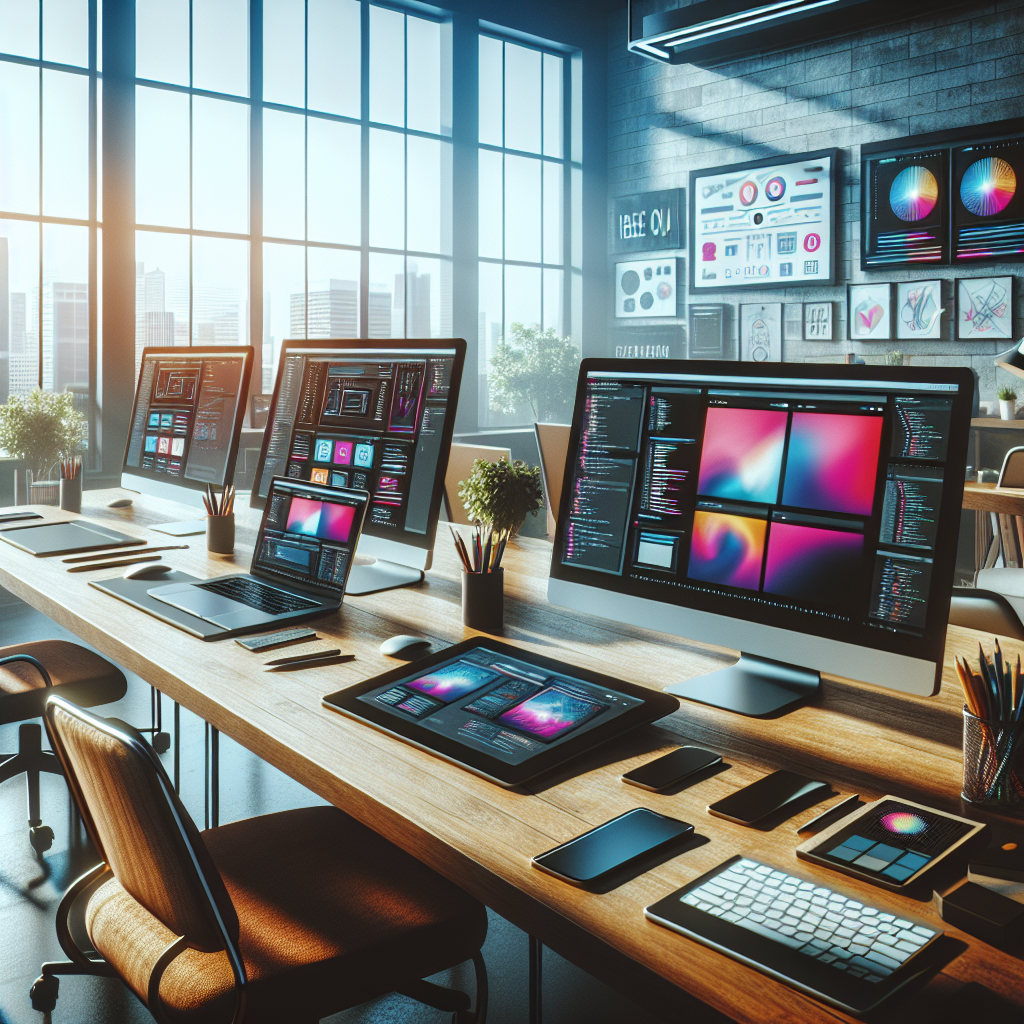 A workspace with laptops showing WordPress, Wix, and Squarespace interfaces, highlighting tools for website creation.