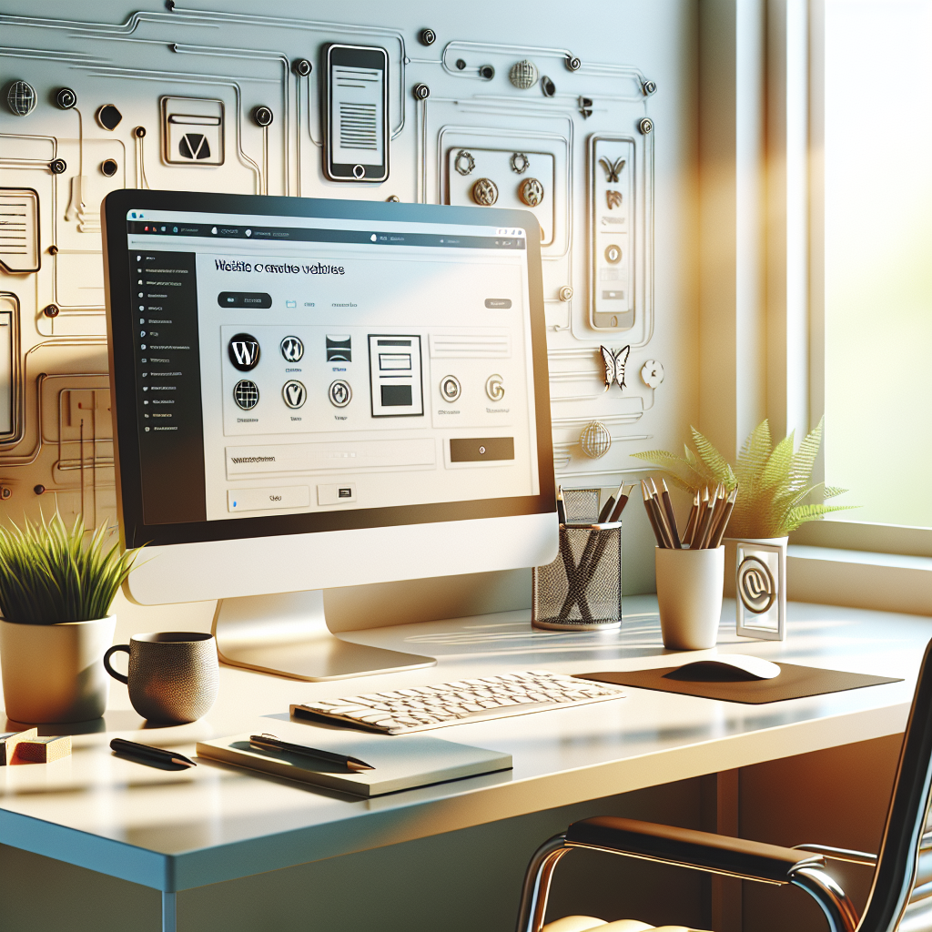 Workspace with computer displaying website builder apps and logos of WordPress, Wix, and Squarespace.