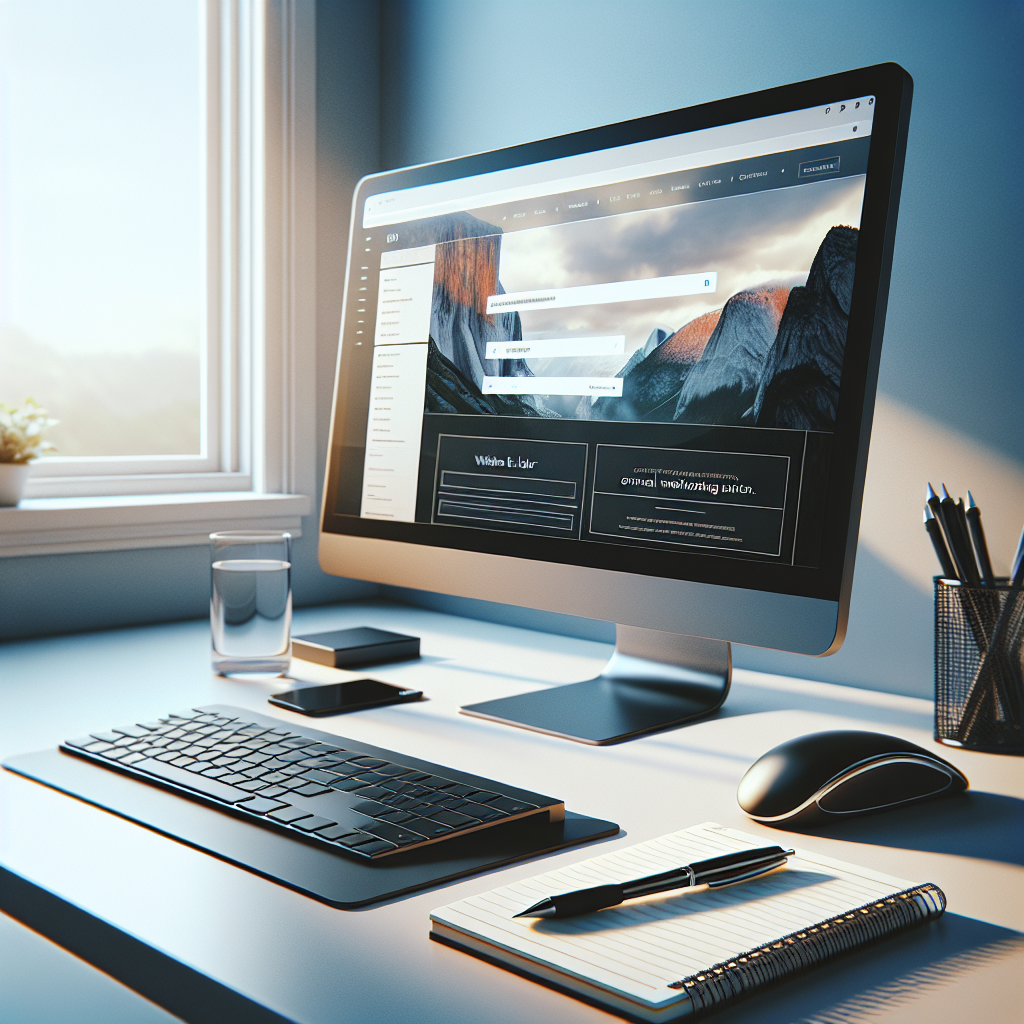 A realistic workspace with a computer displaying website creation tools.