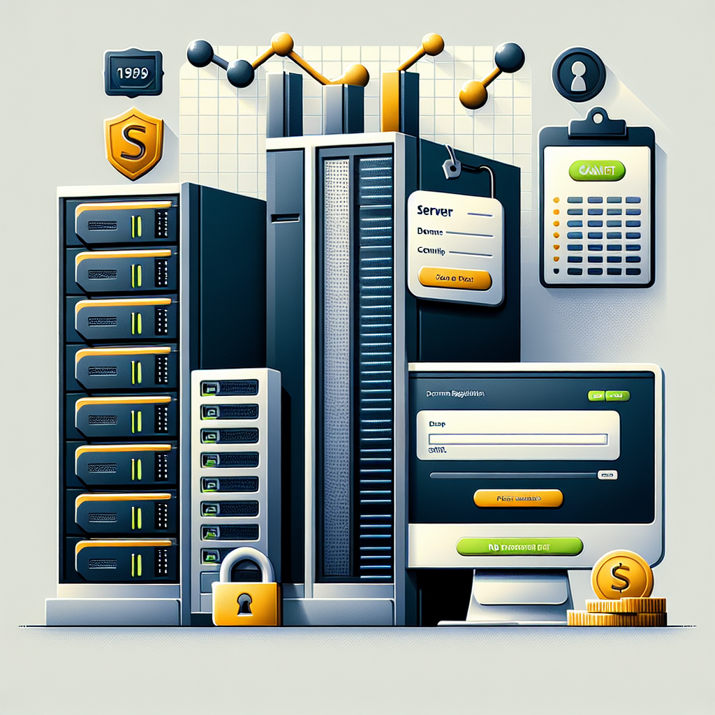 Realistic depiction of website hosting icons and elements like server racks, a domain registration form, SSL certificate icons, and a pricing chart.