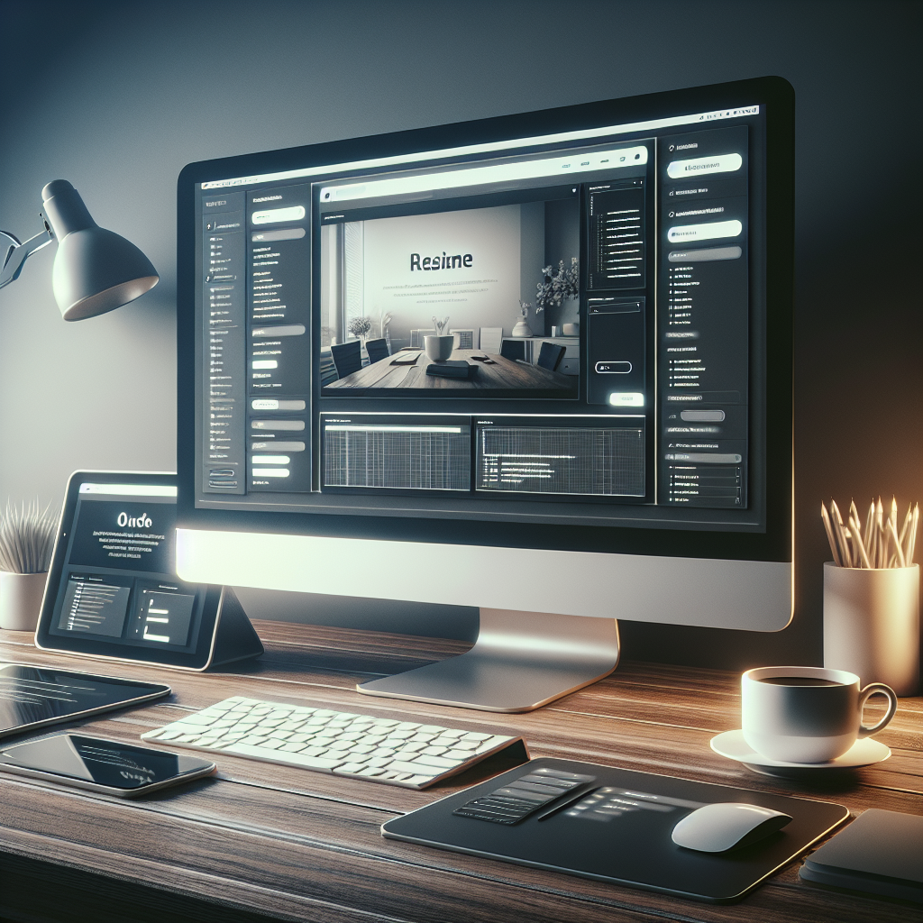 Professional workspace showing a desktop computer, laptop, and tablet with website creation tools.