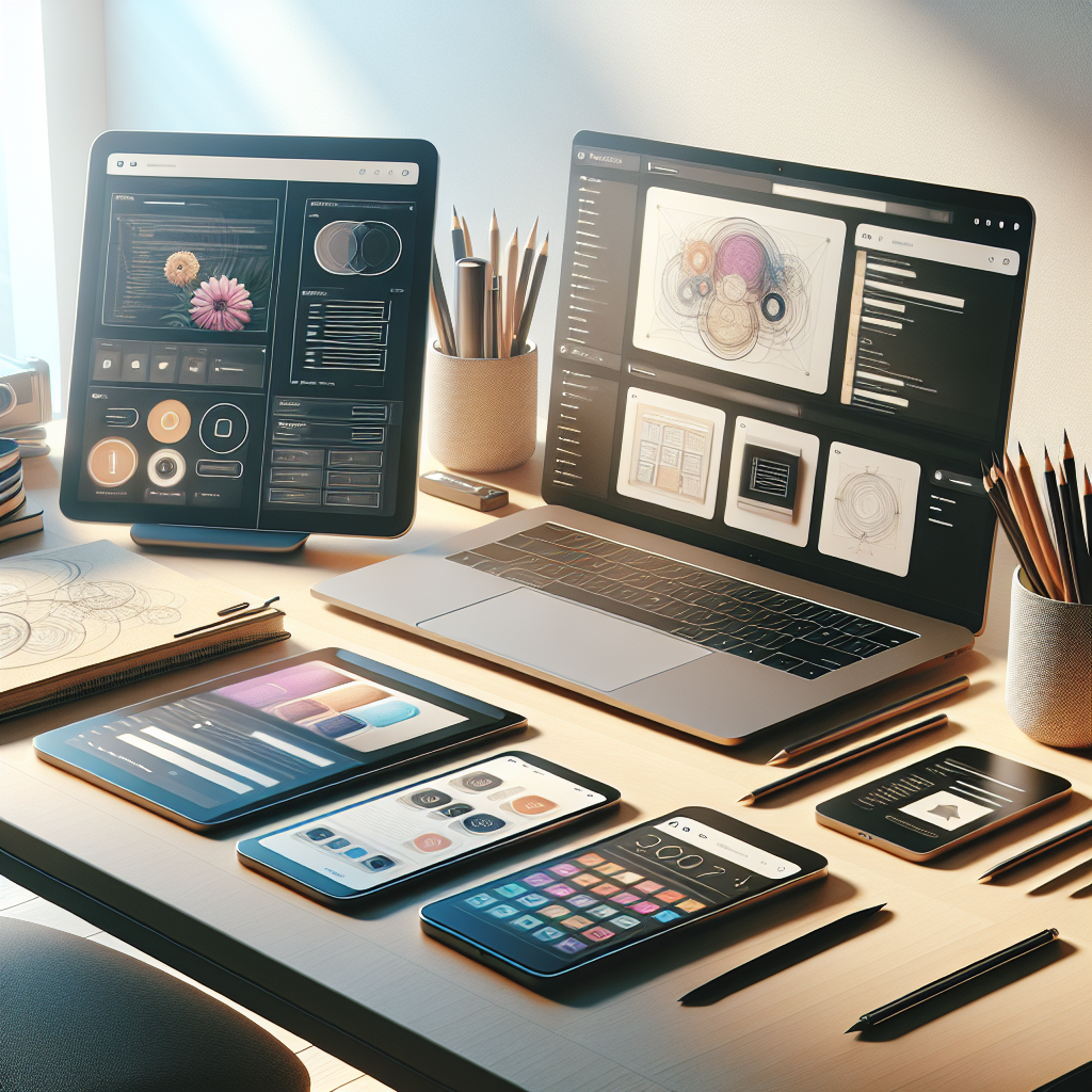 Realistic image of a desk with various website creation tools like a laptop, tablet, and notebook.