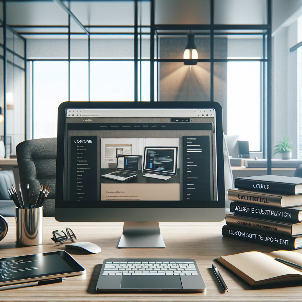 A realistic image showing various website creation tools on a modern computer desk in a well-organized office setup.
