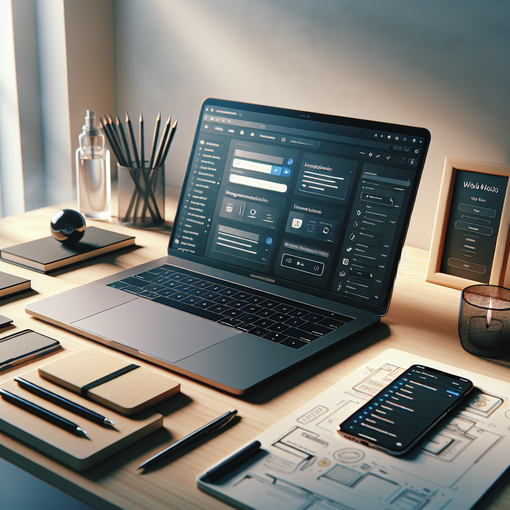 A realistic modern workspace setup with a laptop showing a website creation tool interface.