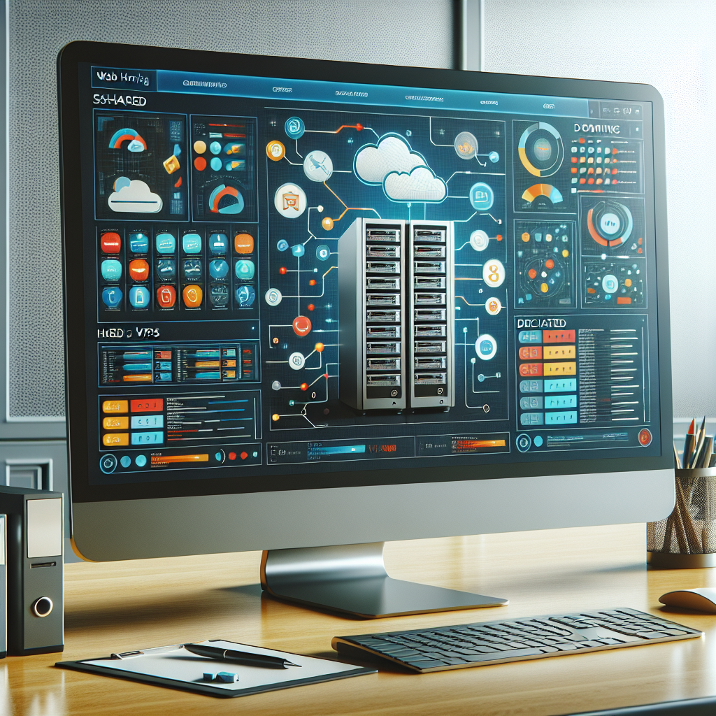 Professional workspace with a computer monitor displaying web hosting service interfaces and various hosting symbols.