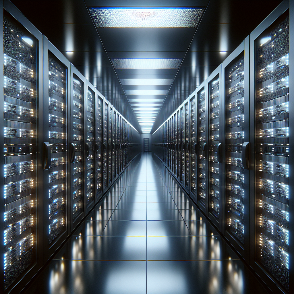 A modern server room with rows of black server racks and glowing lights.