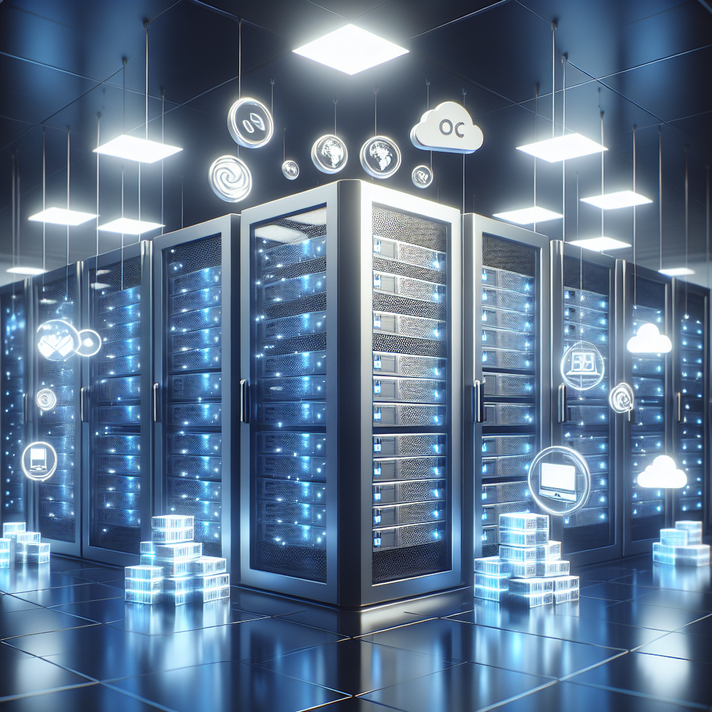 Modern web hosting services represented in a clean server room with high-tech servers.