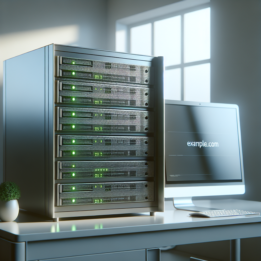 A realistic illustration showing a computer server and domain name in an office setting.