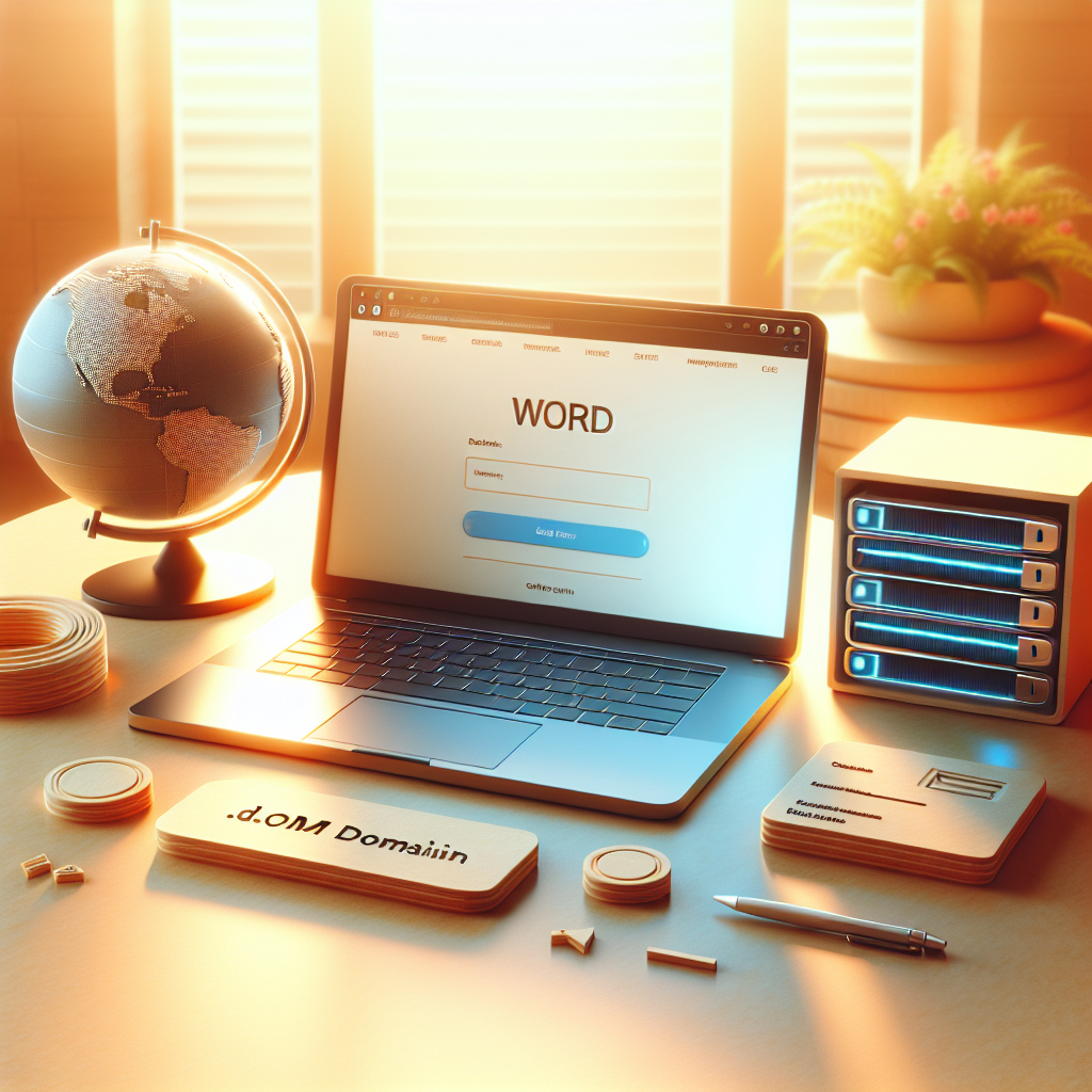 Realistic depiction of web hosting and domain costs concept with a laptop and related items on an office desk.