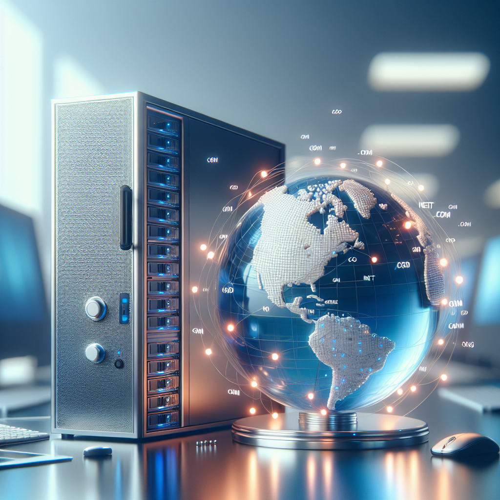 A realistic depiction of a computer server and a globe with domain names, representing hosting and domain costs.