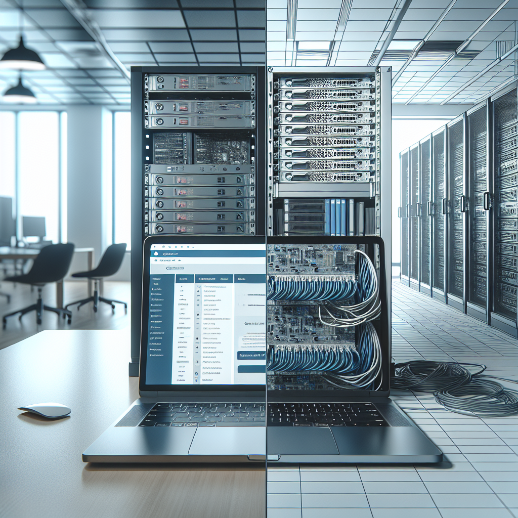 Illustration of website hosting costs with a split scene displaying a modern office workspace and server racks.