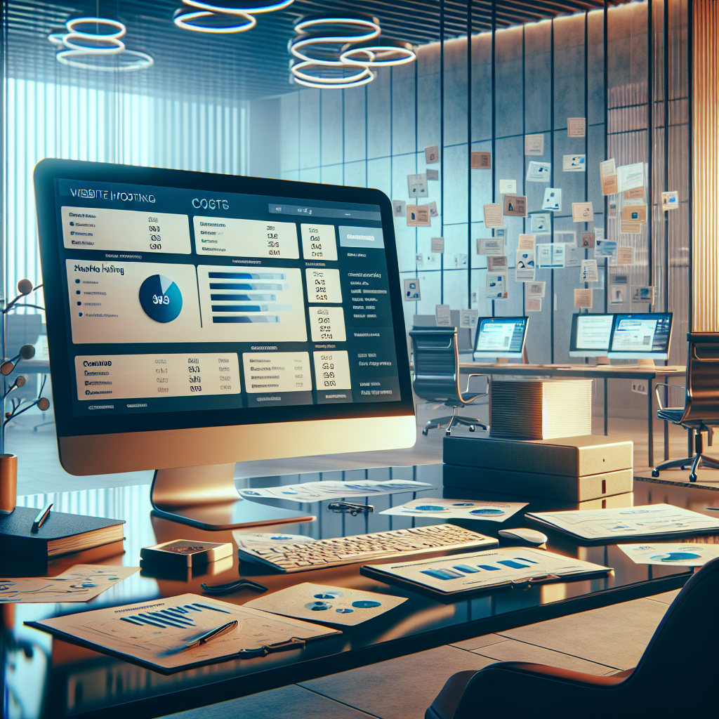 Realistic depiction of website hosting costs in a modern office setting.