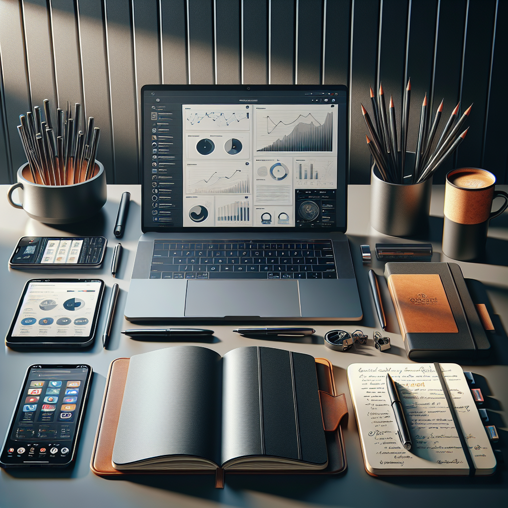 A realistic image of a modern desk with online marketing tools such as a laptop, smartphone, notebook, and coffee cup.