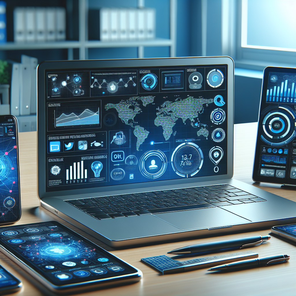 Realistic depiction of online marketing tools like a laptop, smartphone, and tablet on an office desk.