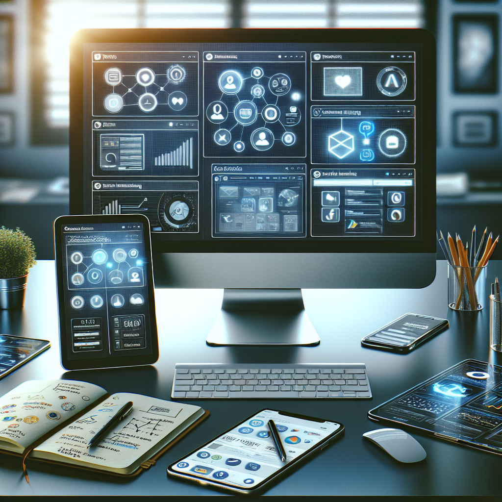 An office desk with various online marketing tools including a computer, a smartphone, and a tablet displaying different marketing applications.