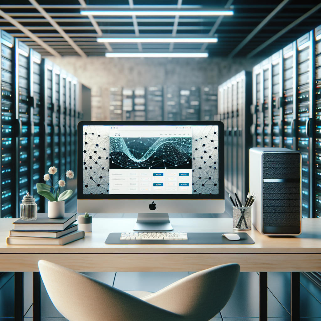 A realistic workspace setup for website hosting with a desktop computer and servers in the background.