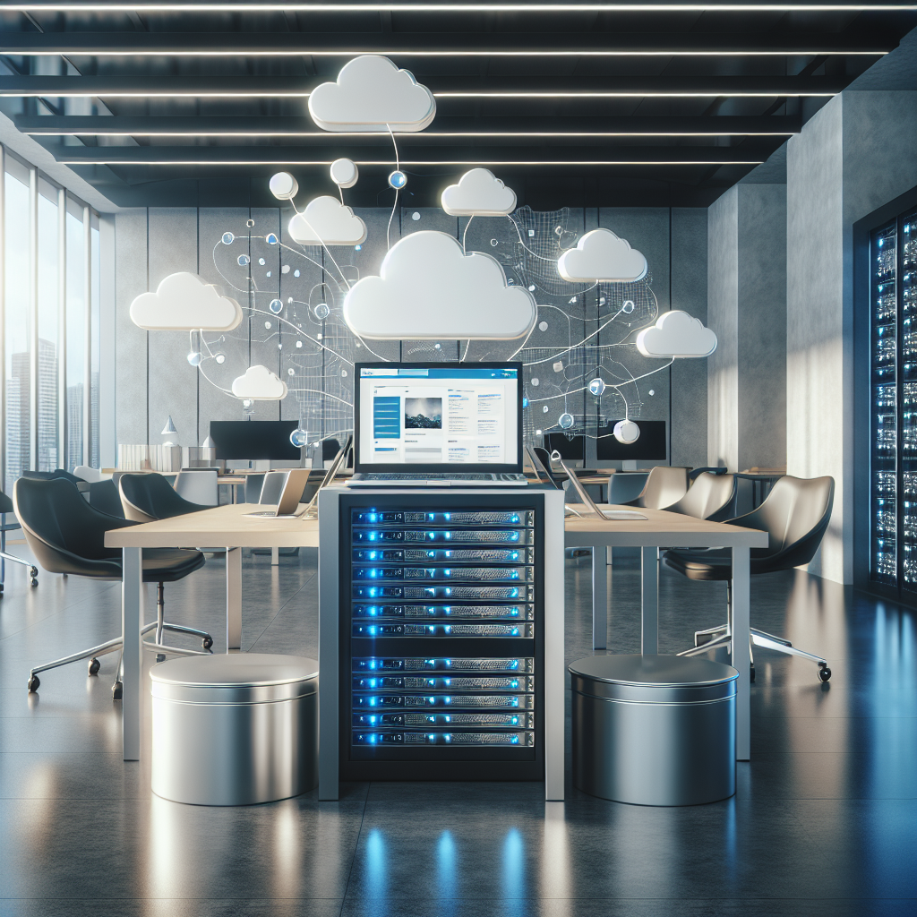 An office desk with a laptop, a server rack, and cloud icons representing website hosting options.