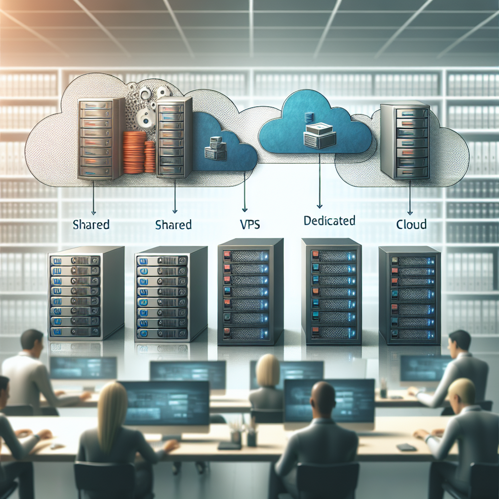 Realistic depiction of different website hosting costs represented by various server icons in an office setting.