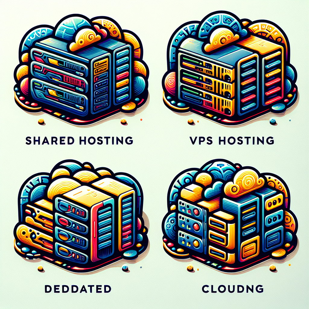 Illustration of different types of website hosting including shared hosting, VPS hosting, dedicated hosting, and cloud hosting.
