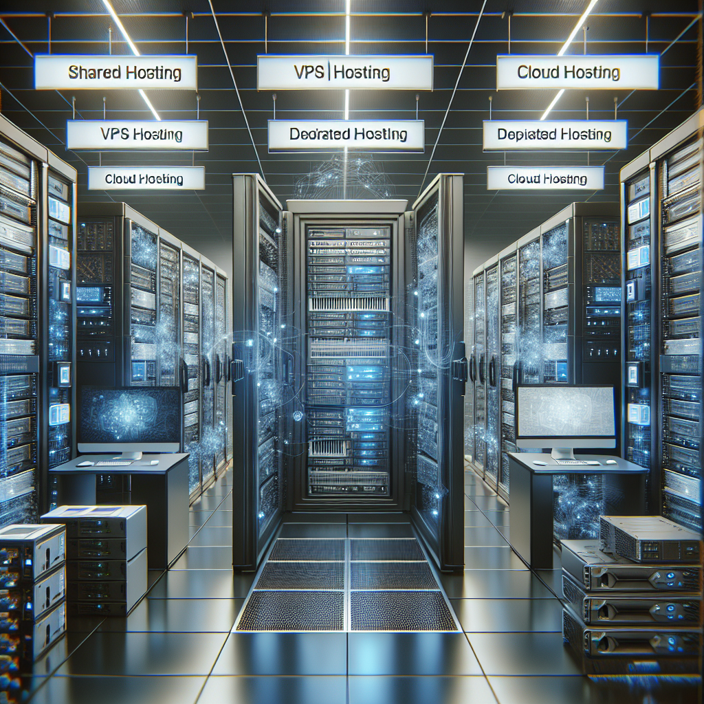 A realistic depiction of a modern data center showcasing different types of website hosting options.