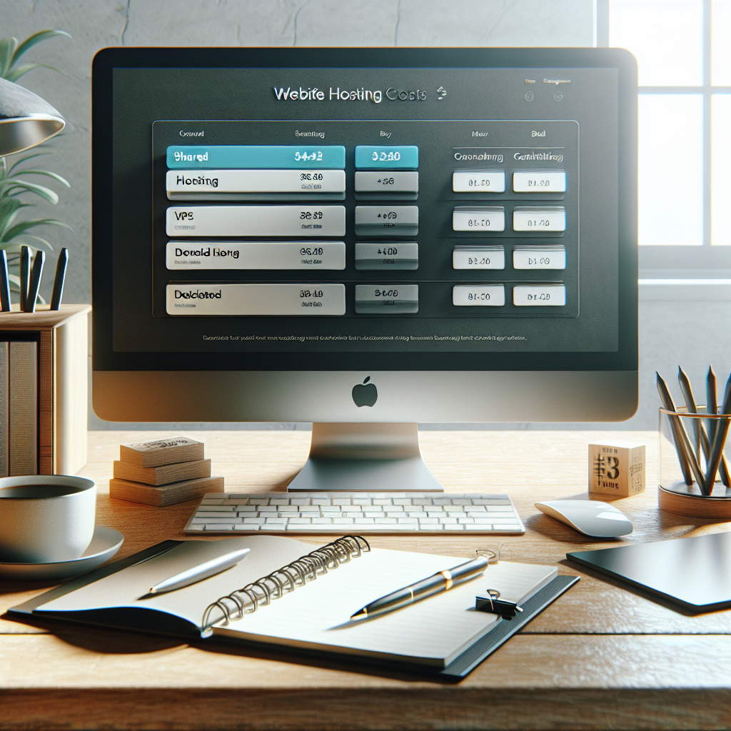 A workspace with a computer displaying a hosting service website, a notepad, and a cup of coffee.