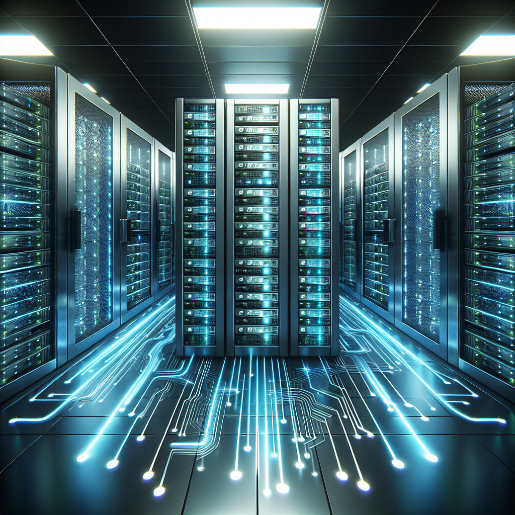 Virtual server hosting depiction with server stacks and digital data flow.