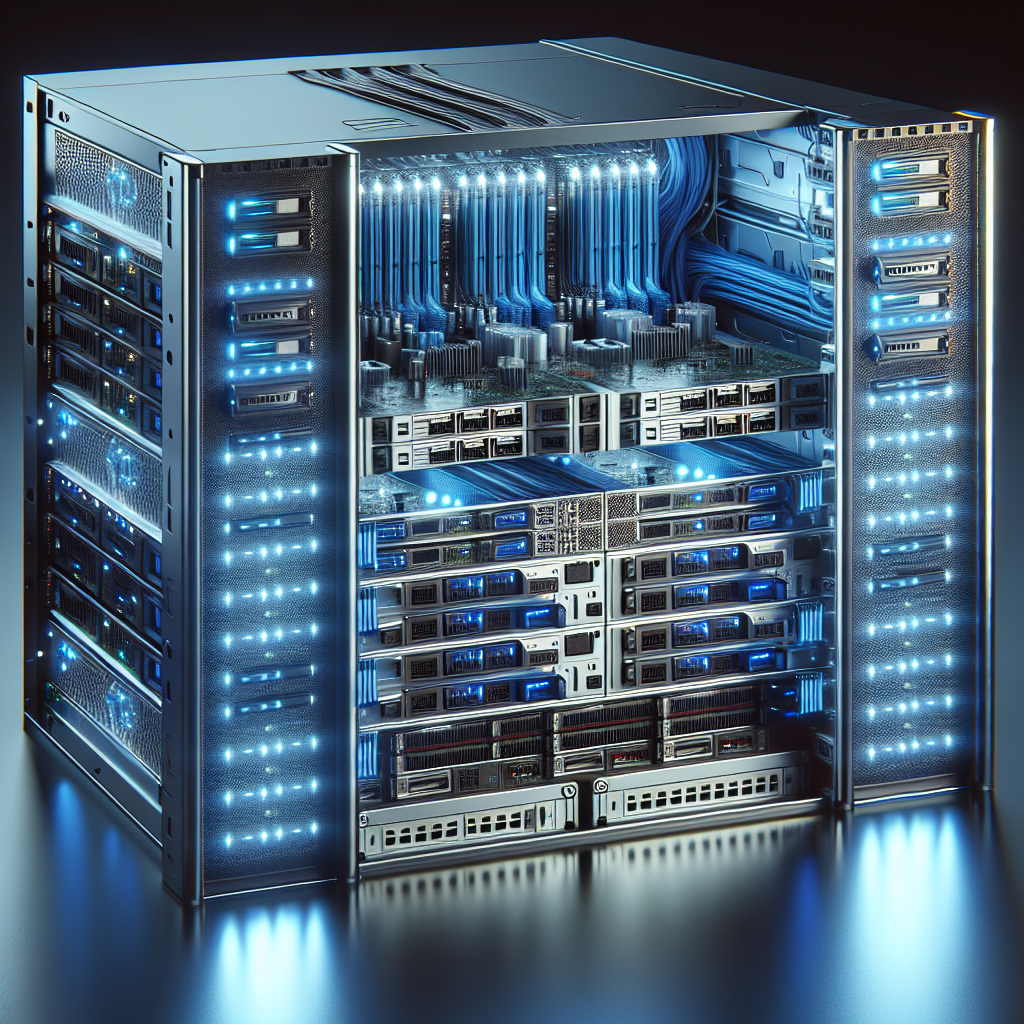 Realistic depiction of a physical server partitioned into virtual servers with glowing LEDs.