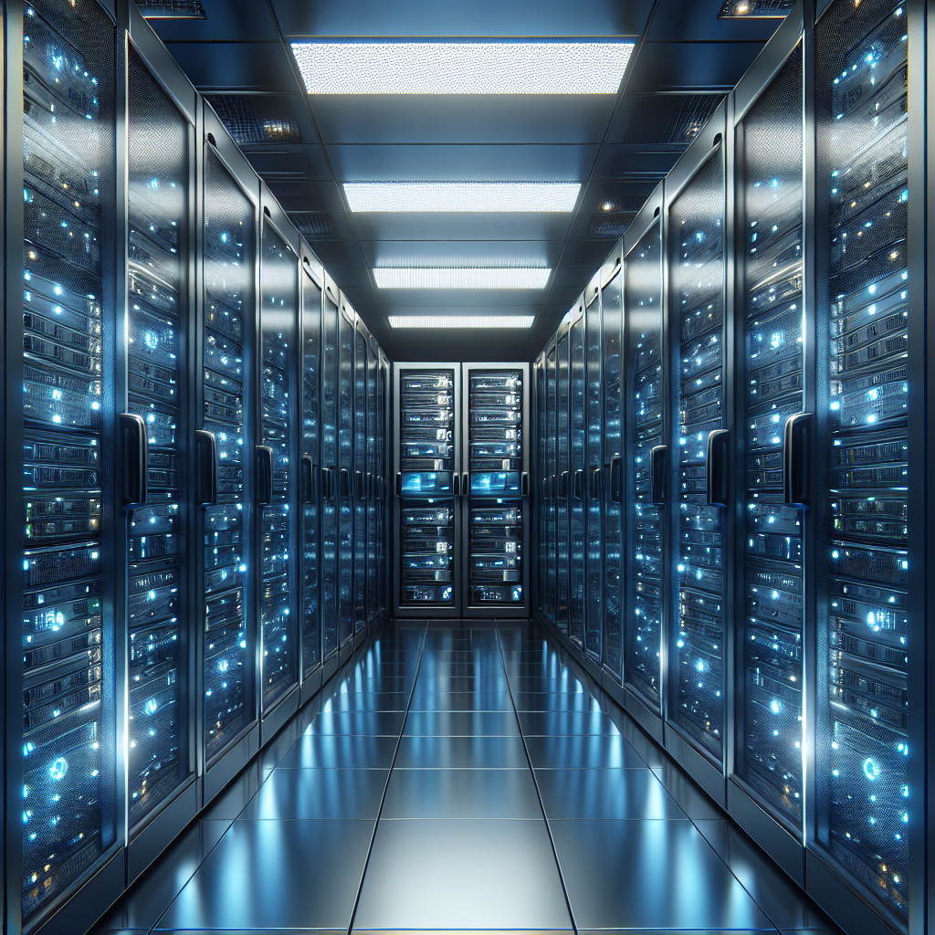 A realistic image of a server room with rows of advanced servers.