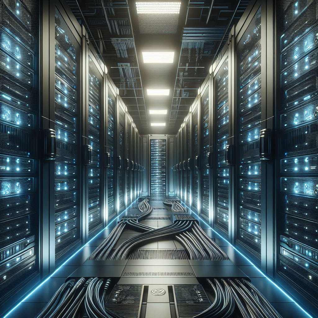 Data center server room illustrating web hosting, with rows of servers and blue lights.